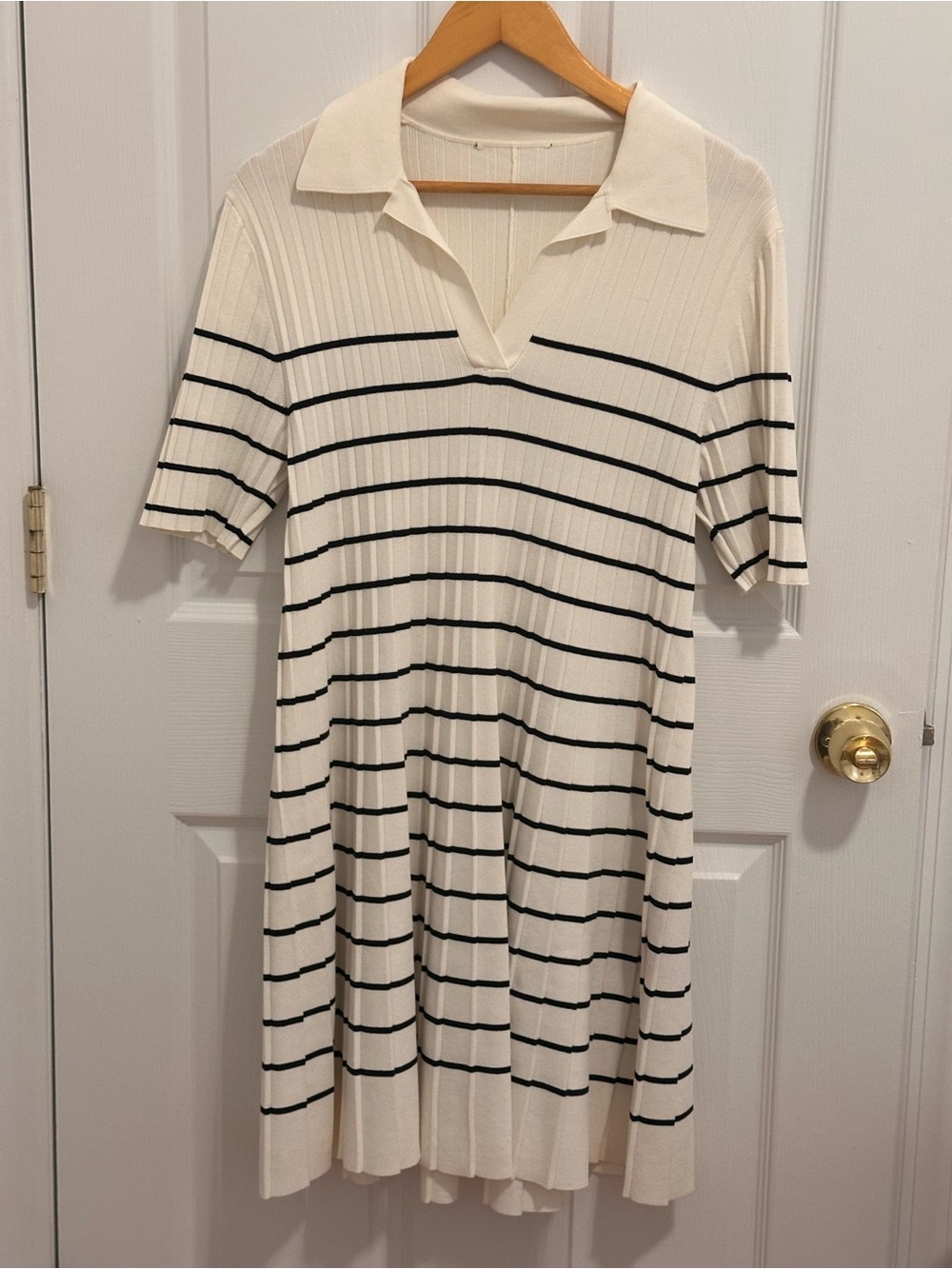 Striped Knit Polo Dress in Cream and Black